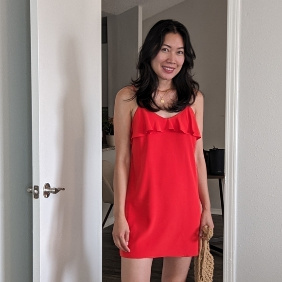 Tibi Ruffle V Neck Shift Mini Silk Dress Red 2 cocktail party summer valentines - Picture 1 of 9